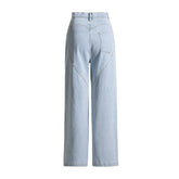 Pantalon taille haute en jean à jambes larges, pantalon droit à découpes et à perles en diamant